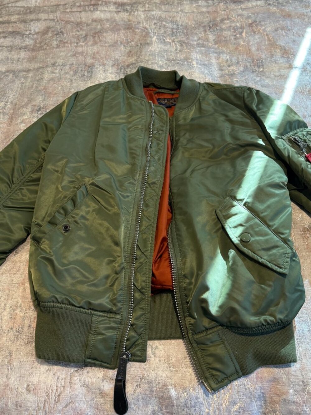 Alpha Industries MA-1 Flight Bomber Jacket | Olive Green | Orange Lining | SizeS